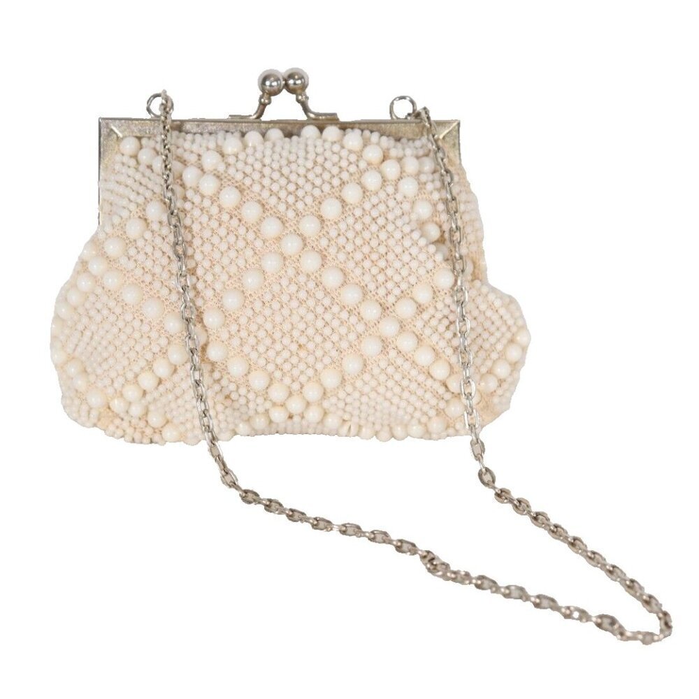 Goldco Women's Small Ivory Beaded Crossbody Bag Chain Strap Kiss Lock VTG Purse
